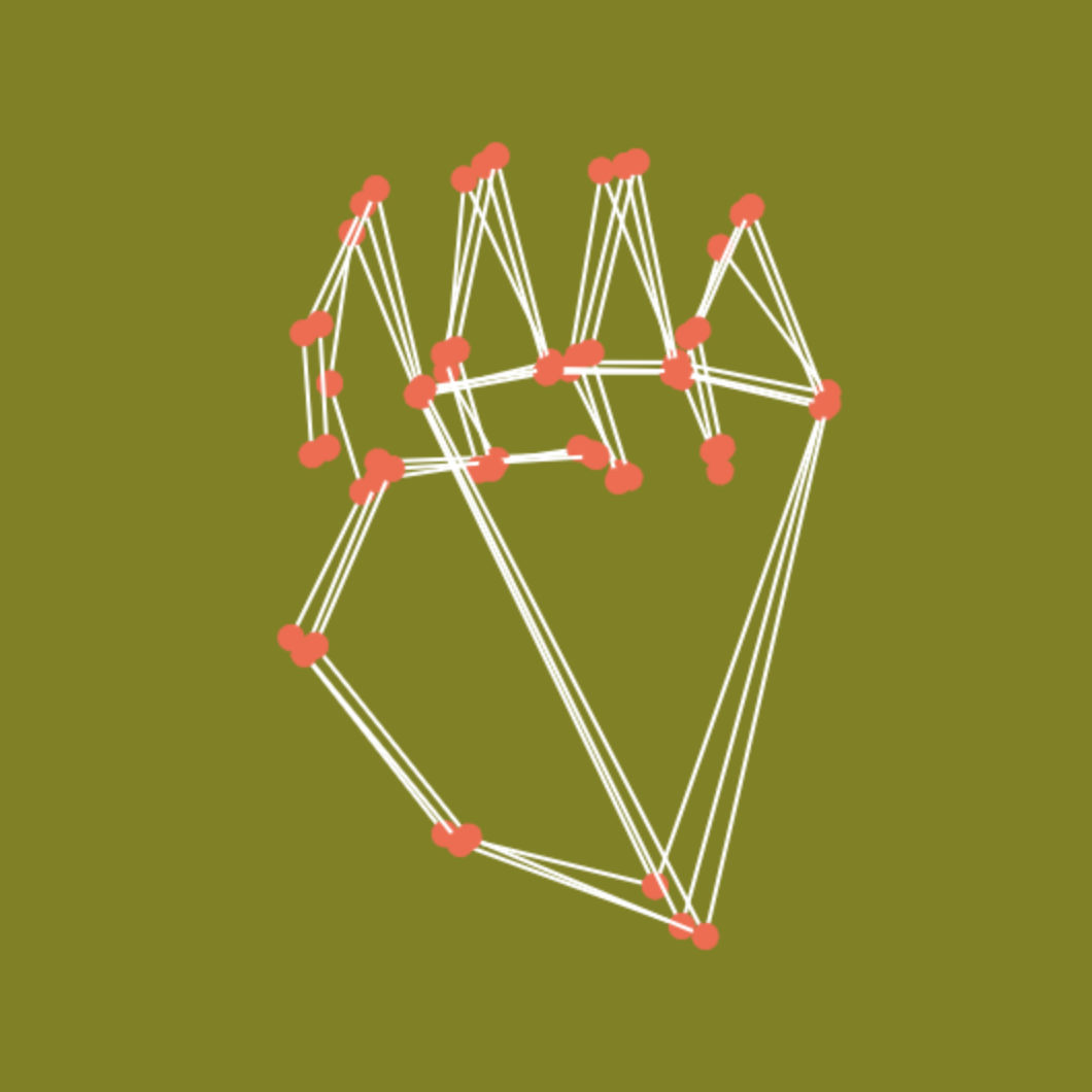 A 3d wireframe of the rock position in rock paper scissors game. Instructions: Clasp fingers, pointing towards palm.
