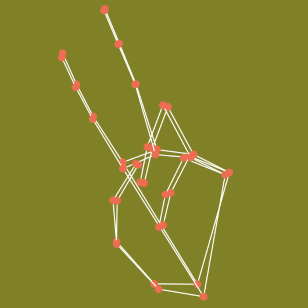 A 3d wireframe of the scissors position in rock paper scissors game. Instructions: Clasp thumb, ring, and pinky fingers. Leave index and middle fingers open.